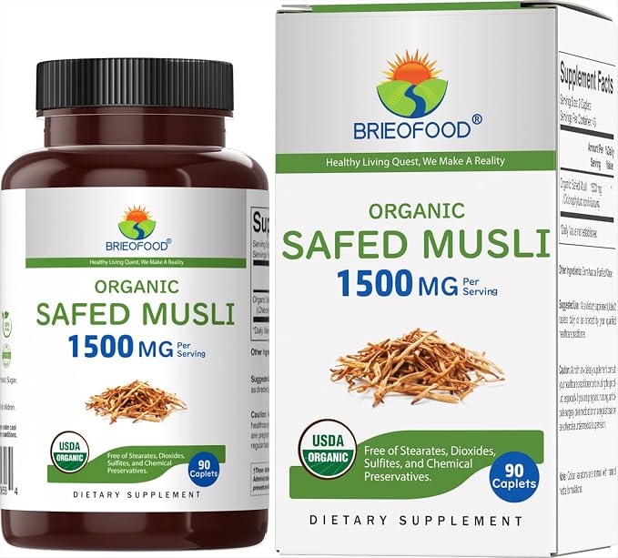 Brieofood Organic Safed Musli 1500mg, 45 Servings, Vegetarian, Gluten Free, 90 Vegetarian Tablets