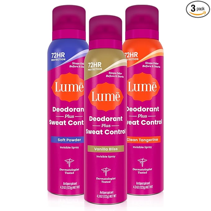 Lume Deodorant Plus Sweat Control - Invisible Spray - Extra Strength Antiperspirant For Underarms - 72 Hour Odor & Sweat Control - Baking Soda Free - 3pk (Soft Powder, Clean Tangerine, Vanilla Bliss)