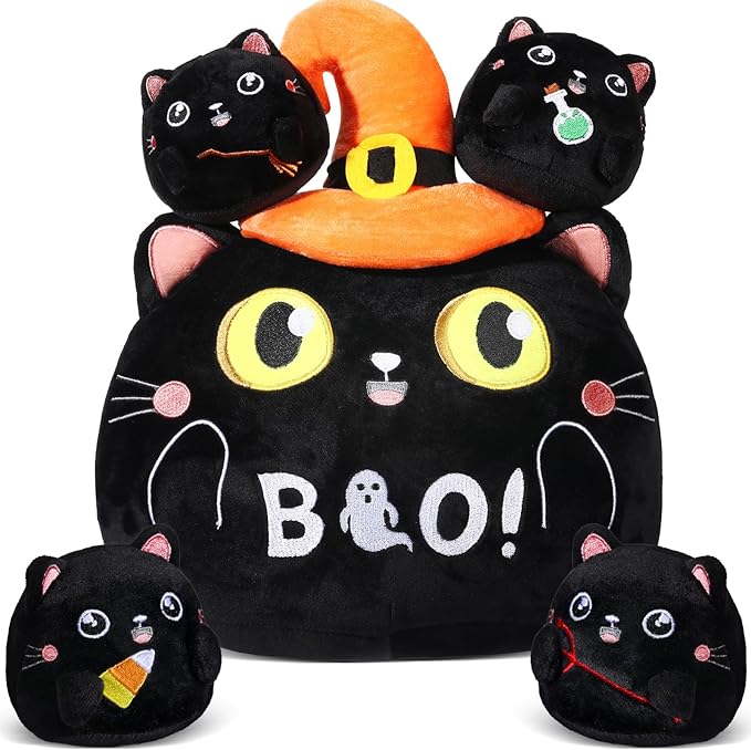Syhood 5 Pcs Halloween Stuffed Animal Cute Black Cat Plush with 4 Babies Inside Halloween Plush Toy with Witch Hat Boo Black Cat Pillow for Party Favors Supplies Gifts Home Decor