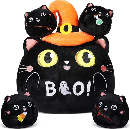 Syhood 5 Pcs Halloween Stuffed Animal Cute Black Cat Plush with 4 Babies Inside Halloween Plush Toy with Witch Hat Boo Black Cat Pillow for Party Favors Supplies Gifts Home Decor