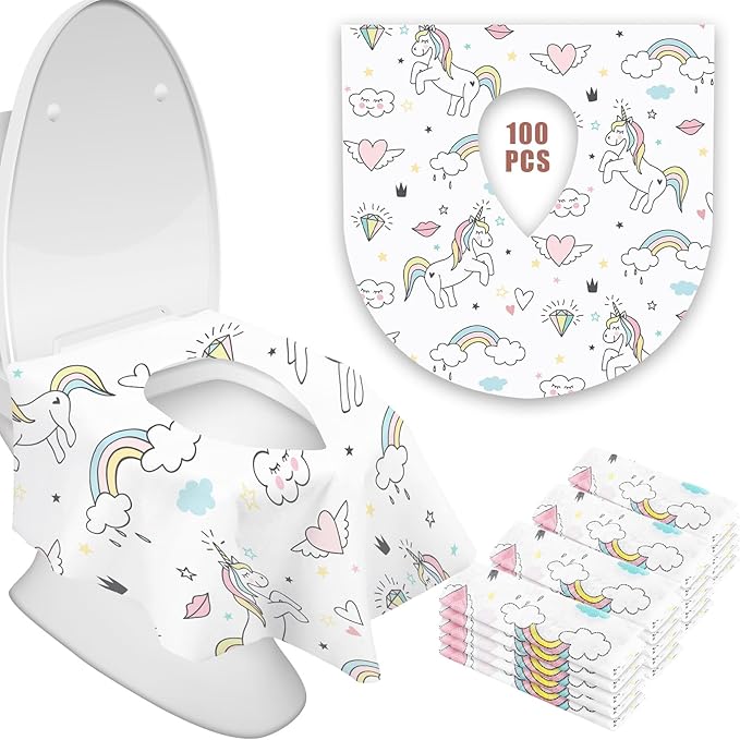 100 Pieces Toilet Seat Covers Disposable For Kids Toddler Flushable Toilet Covers Travel Pack Waterproof Potty Training Liner Pads Extra Large Foldable Toilet Covers for Baby and Adults (Unicorn)