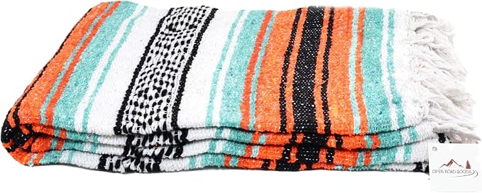 Open Road Goods Bulk Falsa Blankets - Handwoven Authentic Mexican Falsa - Great for Weddings, Yoga, Beach, Picnics, or Mexican Throw! (Mint/Orange, 15 Pack)