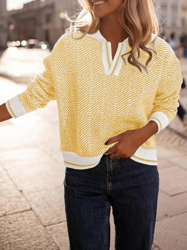 Saodimallsu Womens Fall Sweaters Tops Lapel V Neck Knit Color Block Shirt | Winter,Long Sleeve,Casual,Soft,Pullover,Cozy,Ribbed,Ladies,Chunky,Warm Sweaters,Checkered,Tunic,Work
