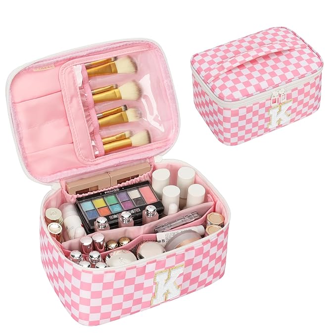 OCHEAL Makeup Bag Valentines Day Gifts for Women, Monogram Cosmetic Bag Pink Travel Makeup Case Beauty Toiletry Bag Organizer Personalized Gifts for Girls Bridesmaid, Sister, Wife, Friends Initial K