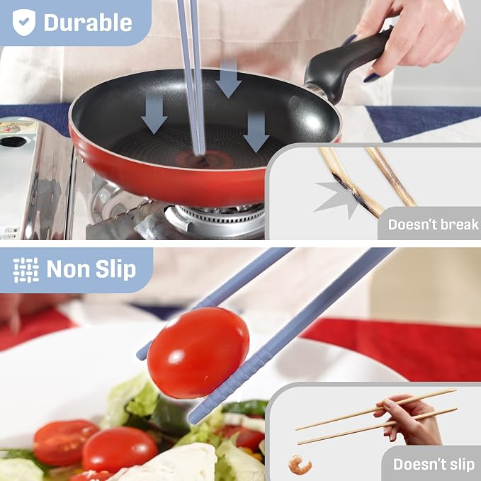 Reusable Long Silicone Cooking Chopsticks with Spoon 12 Inches 1 Pair, Dishwasher Safe, BPA-free Non-Slip,Korea Kitchen Utensils (Pastel Blue, 1 Pair )