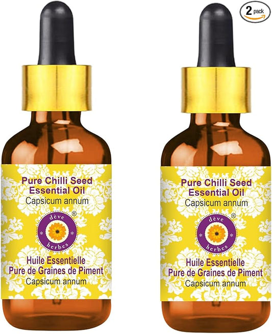 Deve Herbes Pure Chilli Seed Essential Oil (Capsicum annum) with Glass Dropper Steam Distilled (Pack of Two) 100ml X 2 (6.76 oz)