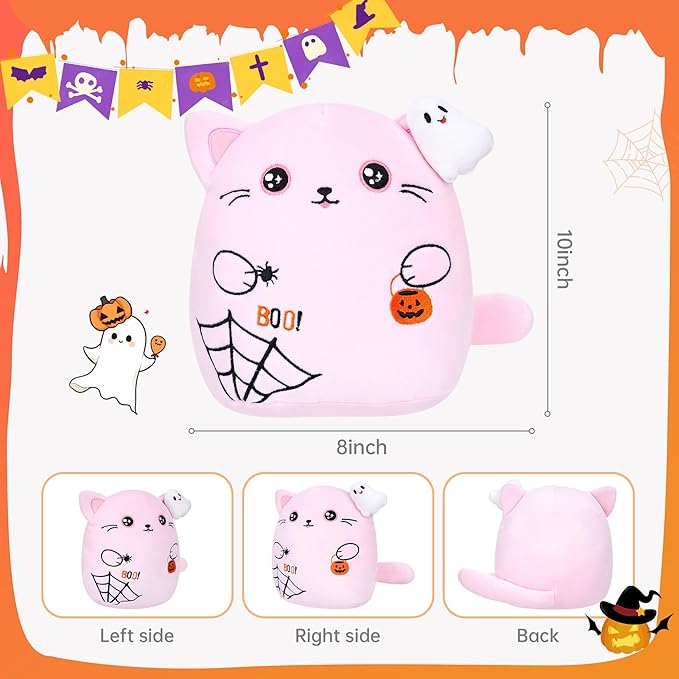Halloween Spooky Plush Cat Toy – Pink Cat Stuffed Animal Ghost Theme Halloween Party Favors Spider Toy Festive Stuffed Animal Soft Haunted Home Decor 10 Inch