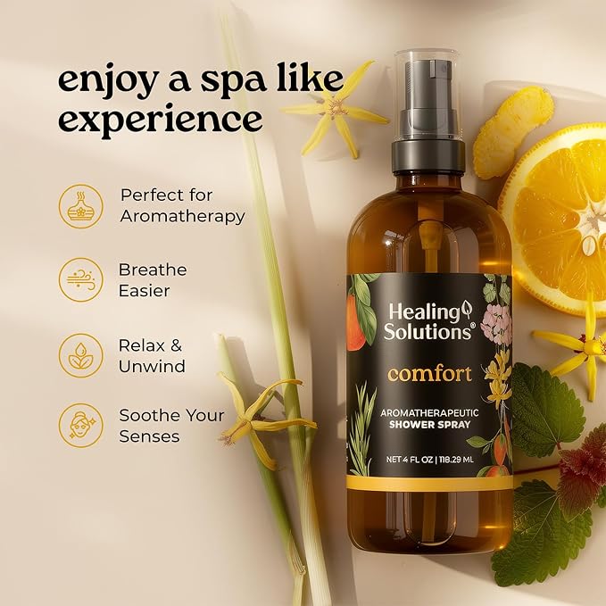 Healing Solutions Aromatherapy Shower Spray, Comfort Blend, 4oz, Made in the USA, At Home Spa Experience, Promotes Emotional Calm (4oz, Comfort)