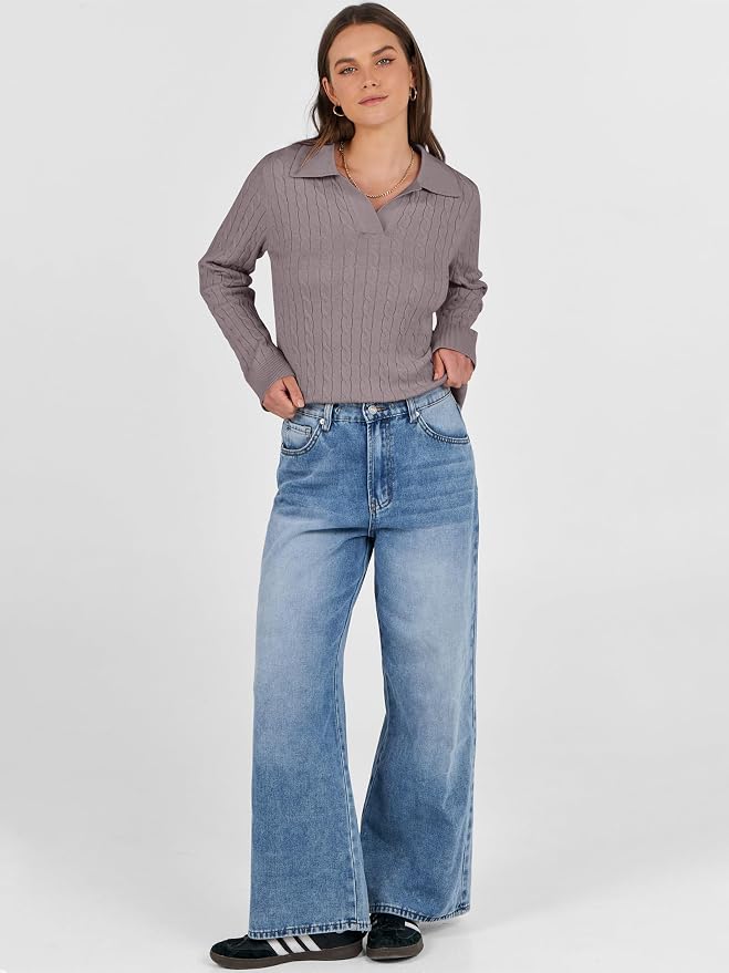 ANRABESS Womens Cable Knit Sweaters Long Sleeve V Neck | Pullover Collared Sweater Tops, Polo Knit Shirts, Business Casual Work, Tennis Golf, Fall Winter Fashion Outfits