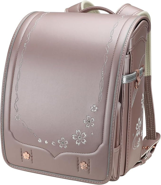 IwaiLoft Ransel Randoseru Backpack Automatic Satchel Japanese School Bag Cherry Blossom Sakura Embroidery PU Bookbag for Girls (Champagne)