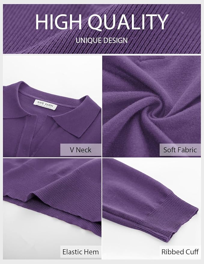 Women's Long Sleeve Classic V Neck Casual Fall Winter Polo Sweater Tops | Basic Collared Knitted Fashion Work Business Formal Daily Wear Versatile Pullover Shirts
