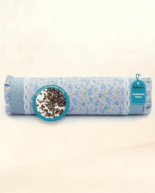 Buckwheat Hull Neck Roll Pillow -15.7" x4.7” Adjustable Firmness Cervical Support for Sleep & Yoga, Cooling Floral Cotton Cover, Ergonomic Bolster Pillow, Blue