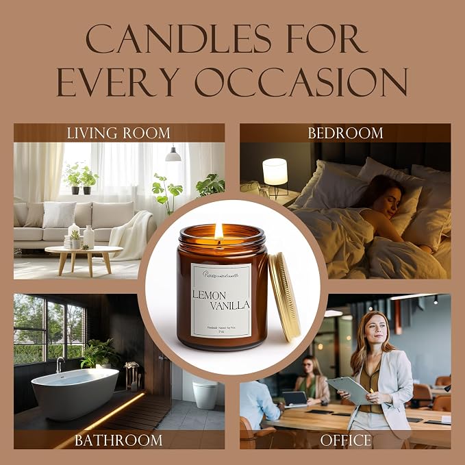 Lemon Vanilla Scented Candle for Home, Natural Soy Wax Aromatherapy Non Toxic Candle Gifts for Women & Men, Handmade Highly Scented & Long Lasting Jar Candle for Stress Relief (9oz)