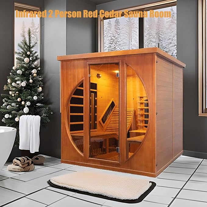Infrared 2 Person Wooden Sauna Room, Luxurious Red Cedar Sauna with Recliner, 3400W Dry Heat Sauna for Home, 9 Heating Panels, Bluetooth Speaker, 7Color Lights, Oxygen Bar, 220V(Red Cedar)