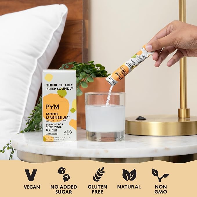 PYM Mood Magnesium Powder Packets (10-Servings) Magtein Magnesium L-Threonate, Magnesium Glycinate & Malate, Yuzu Citrus | Aid & Mood Support Supplement for Stress | Cortisol Reducer