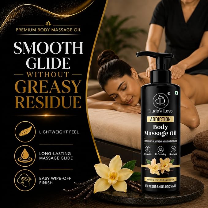 Organic - Vanilla Full Body Massage Oil - No Stain & Non-Sticky | with Fractionated Coconut Oil, Vanilla & Jasmin Oil | for Massage Therapy - 8.45 Fl Oz