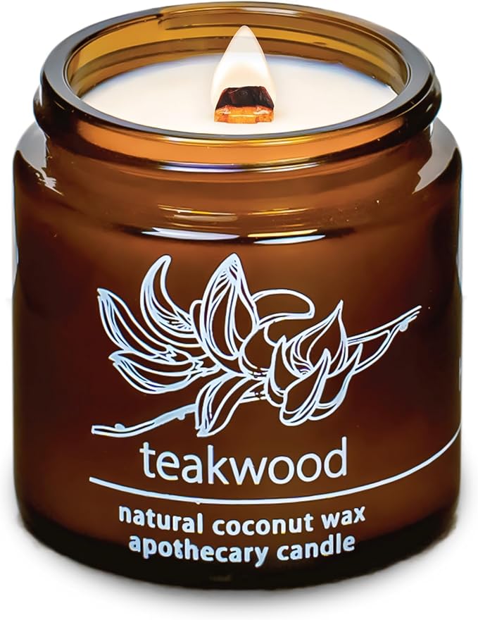 Hemlock Park Teakwood Apothecary Scented Candle | Crackling Wood Wick, Botanical Fragrance & Coconut Apricot Wax | Up to 40 Hour Burn Time | 4 oz | Made in USA