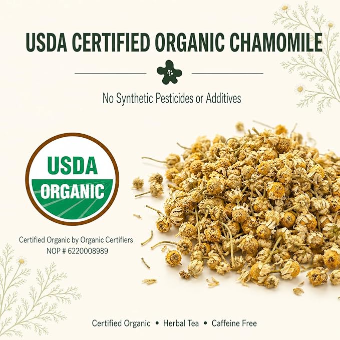 J Mac Botanicals Organic Chamomile Flowers (4 oz) – Whole Egyptian Chamomile Loose Leaf Herbal Tea, Caffeine-Free, Premium Dried Chamomile Flowers for Tea, Baths & Blends