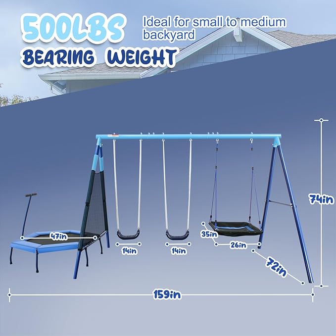 RoyaloveHeavy-Duty Metal Swing Set with 47" Trampoline, 2 Swing Seats & Platform Swings - Outdoor Playset for Kids and Adults, Backyard Playground Equipment
