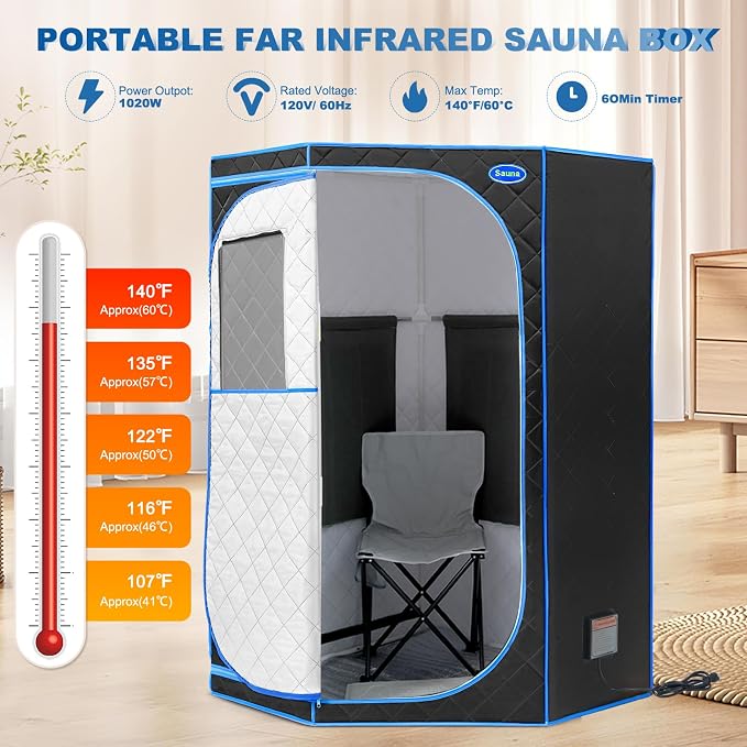 Portable Full Size Infrared Sauna for Home,Pentagonal Size Far Infrared Sauna,One Person Sauna Tent with Heating Foot Pad, Portable Chair, (L38 x W38 x H63, Black)