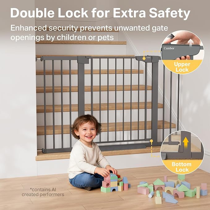 Cumbor 30-51.5" Extra Wide Baby Gate for Stairs, Pressure Mounted Dog Gate Indoor with Self-Closing Walk Through Door, Mom's Choice Award Winner, Child Safety Double-Lock, Cool Gray