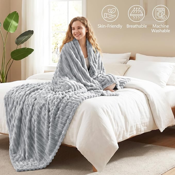 Light Gray Twin Blanket for Bed & Couch, 60 x 80 Inch | 300GSM Ribbed Fleece Blanket, Soft, Cozy & Lightweight, OEKO-TEX Certified, All-Season Use for Travel, Dorm & Home Decor