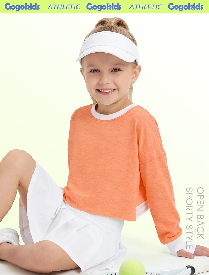 Gogokids Girls Shirts Long Sleeve Athletic Shirts Open Back Tops Active Sports Tshirts Yoga Workout Crop Tees 5-14 Years