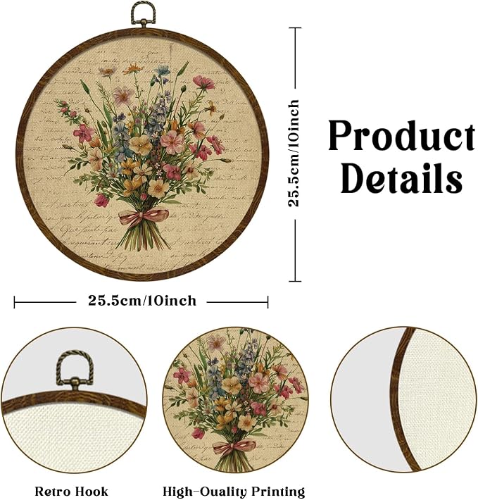 KLYTINK Vintage Floral Round Wall Art Decor,Boho Wildflower Botanical Canvas Print,Retro Wall Hnging Decor for Farmhouse Bedroom Living Room Gallery Space 10"x10"(Letter Flowers-04)