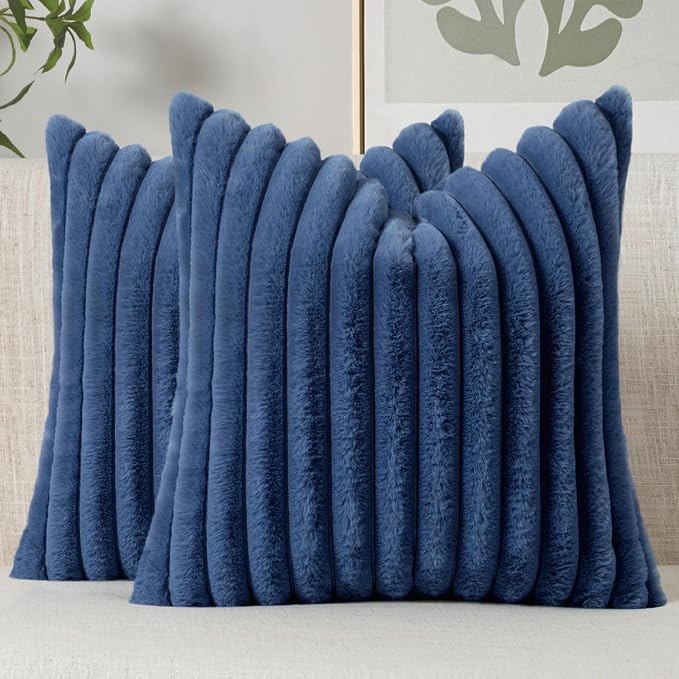MIULEE Faux Fur Decorative Throw Pillow Covers 16x16 Set of 2 Navy Blue | Coastal Modern Soft Plush Couch Pillows, Cozy Fluffy Cushion Covers for Sofa Bed Living Room Home Decor