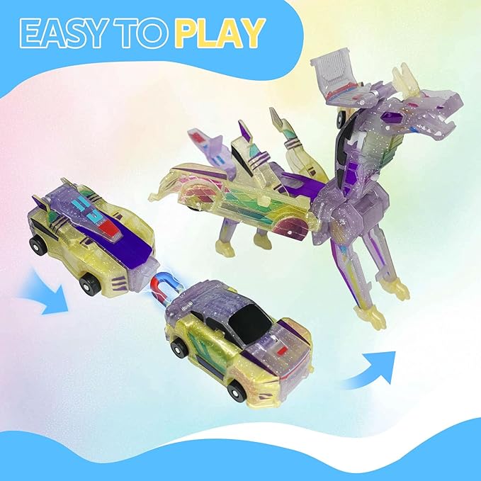 Dinosaur Collision Transforming Car Toy,Magnetic Cars Transform Into Dinosaurs,Transformation Car Toys for Boys & Girls with Transform Feature (Crystal-Color)