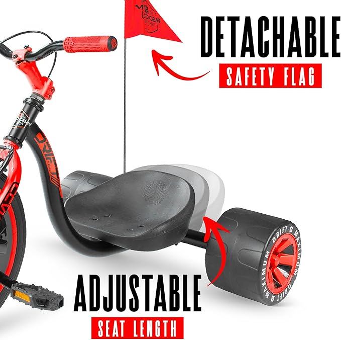 Drift Trike for Kids Ages 5+ – 16" Front Wheel Ride-On with Adjustable Seat, Steel Frame, Rear Slick Drift Wheels & Safety Flag – Madd Gear - (Black Red)