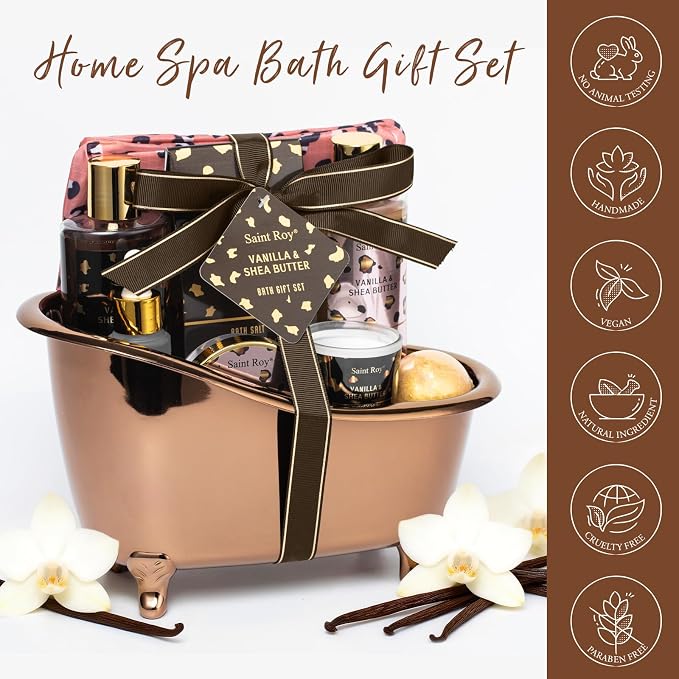 Warm Vanilla Spa Gifts for Women, Spa Bath & Body Gift Basket Skin Care Kit | Home Spa Gift Set, Home Spa Self-Care Kit, Travel Multi-use toiletry bag, Birthday, Christmas, Mother Day, Anniversary Gifts