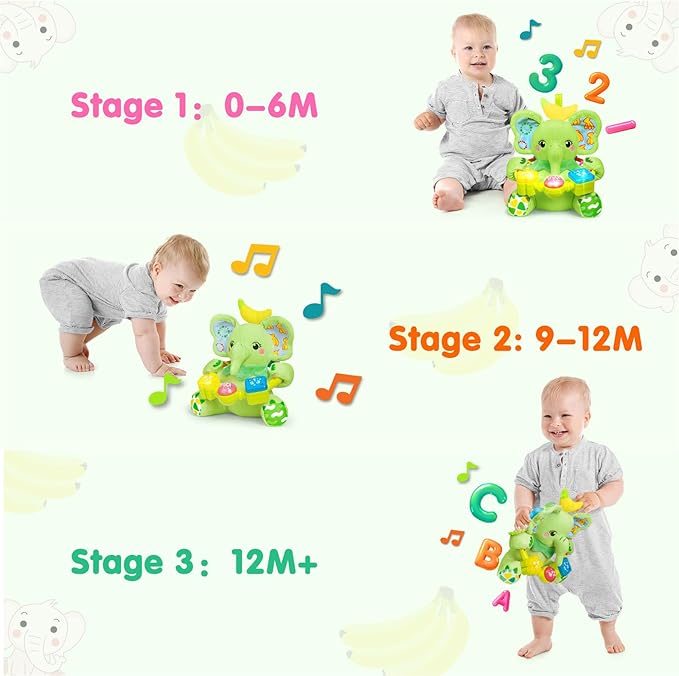 Baby Bilingual Musical Elephant Stuffed Animals Toys,Infant Early Learning Toy with Light-Up Music & Crinkle,Tummy Time Toys for 0 3 6 9 12+ Months for Baby Boy Girl Gift,Green