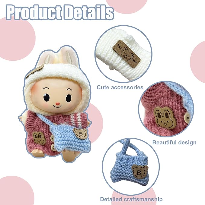 Clothes for Labubu Doll,6.7 Inch Doll Clothing Set - 3 Pieces of Handmade Clothes and Accessories for 17cm Plush Toys -Pink and White Bunny Sweater + Blue Shoulder Bag + White Headband