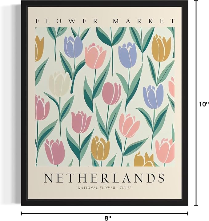 Netherlands, Tulip Art Print Poster, Flower Market Wall Art, Floral Artwork Decor for Bedroom, Kitchen, Bathroom, Livingroom Decoration 52 (Netherlands, Tulip, 10"L x 8"W, Black Frame)