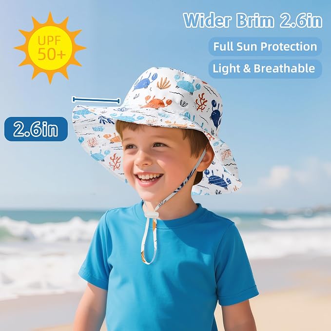 Baby Sun Hat UPF 50+ Sun Protective Toddler Bucket Hat Summer Kids Beach Hats Wide Brim Outdoor Play Hat for Boys Girls