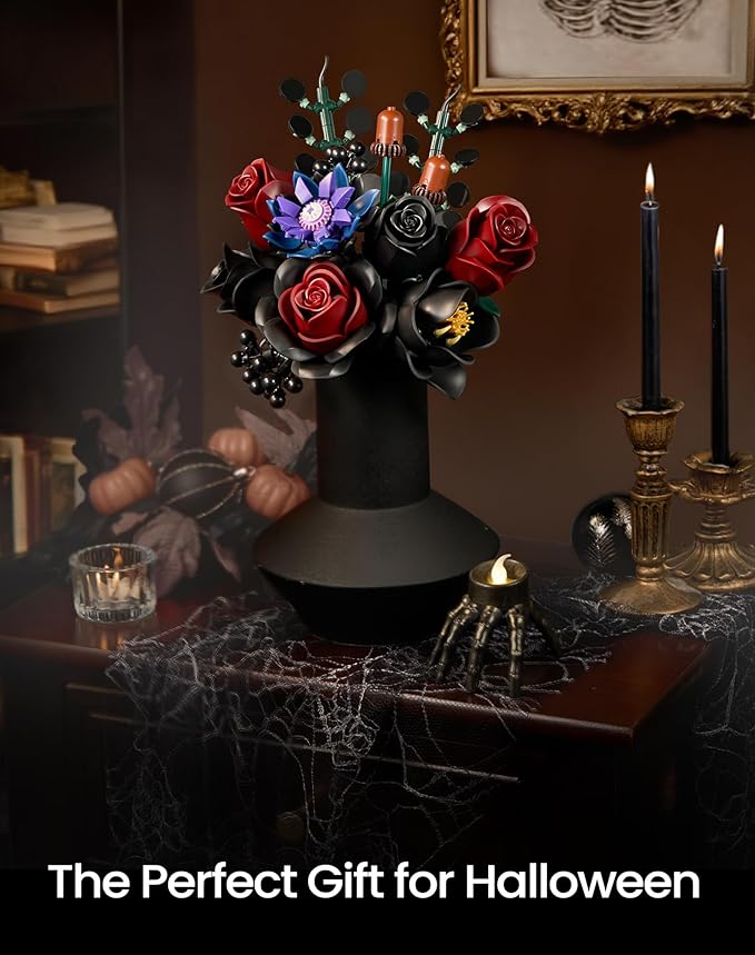 iATOM Halloween Black Burgundy Red Rose Bouquet Building Set, Compatible with Lego Flowers for Adults - Gothic Botanical Collection - Artificial Flowers Home Table Centerpieces Decor - IA1015