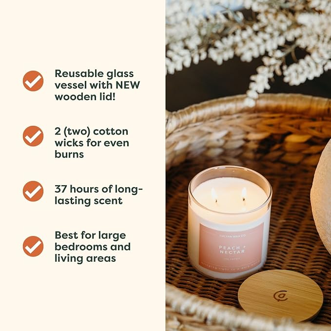 Calyan Wax Co. Peach & Nectar 2 Wick Scented Candle - 37 Hour Burn - Luxury Clean Soy Wax Candles - Long Lasting Large Glass Jar Candle for Home - 8.8oz