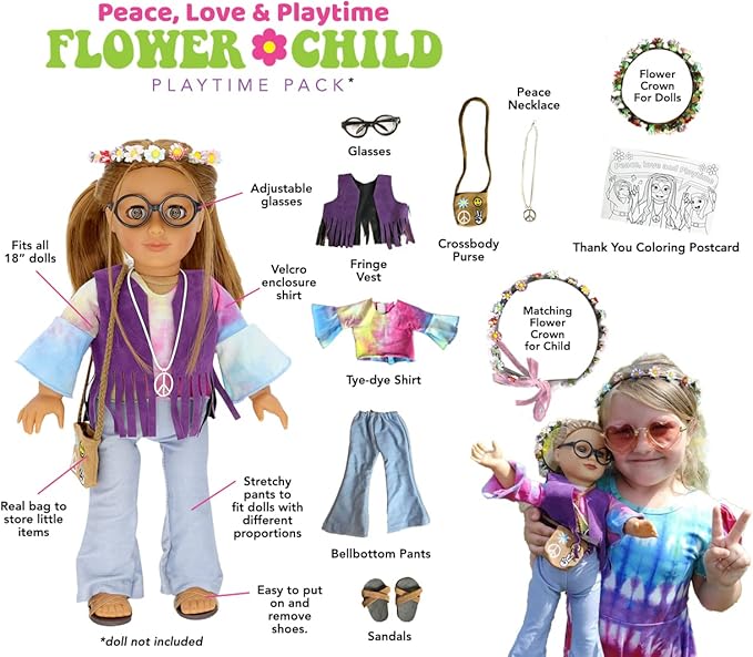 Playtime by Eimmie 18 Inch Doll Clothes and Accessories - Retro Flower Outfit with Tie-Dye Shirt, Fringe Vest, Jeans, Sandals & Flower Crowns - Fits American, Generation & Similar 18” Dolls for Girls