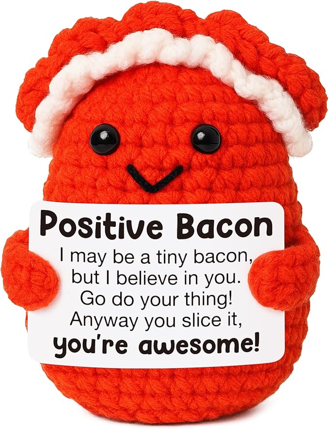 Mini Inspirational Positive Bacon Handmade Crochet Bacon for Women Foodies Breakfast Lovers Fun Encouragement Gift for Friends Coworkers Small White Elephant Christmas Birthday Gifts Motivation Decor