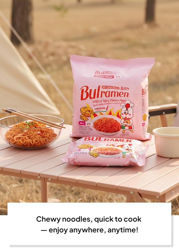 Korean Food Bulramen Stir-Fried Ramen Mild Spicy Instant Carbonara 5 Packs | Stir-fried carbonara-style instant noodles with mild spicy chicken-style flavor. Includes 5 convenient packs.