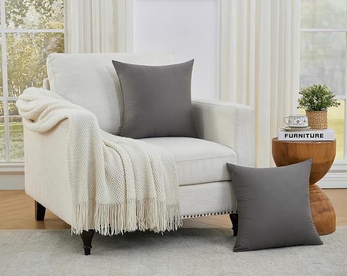 Longhui bedding Grey Throw Pillow Inserts 18x18 Set of 2, 100% Cotton Cover with Polyester Fill, 2-in-1 Use as Stuffers or Standalone Decor for Couch, Bed, Living Room, Outdoor