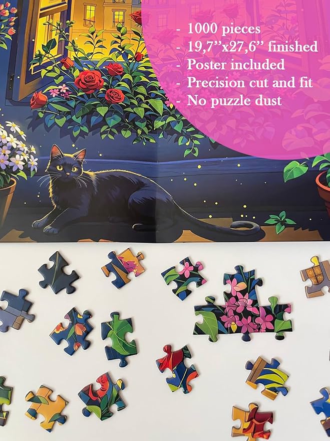 Cat in Paris. TUMBAUMBA, Puzzles for Adults 1000 Pieces, Relaxing Romantic Art Puzzle, Mate Finish Jigsaw Puzzles 1000 Pieces, Poster Included France Puzzles, Cozy Evening Paris Scene