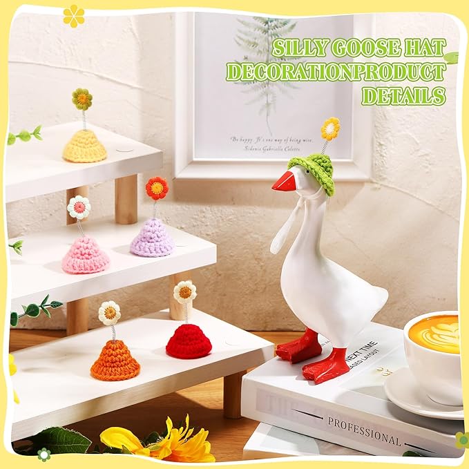 Geyoga 6 Pcs Mini Knitted Hats 7 Inch Goose Outfits Hat with Adjustable Strap Mini Porch Goose Headwear for Statue Key Holder