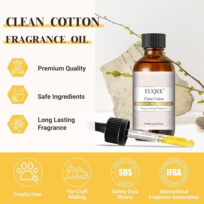 EUQEE Clean Cotton Fragrance Oil 2.02 Fl oz/ 60ml | Oil for Diffuser, Candle Making, DIY Soap with Glass Dropper