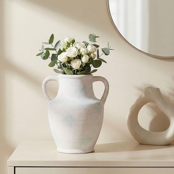 Ceramic Flower Vase with Handles, 8.66 inch Tall Ceramic Vase Farmhouse Rustic Vases Decorative Pottery Vases for Home Decor Living Room Bookshelf Table Centerpiece Desk Bathroom Fireplace, White
