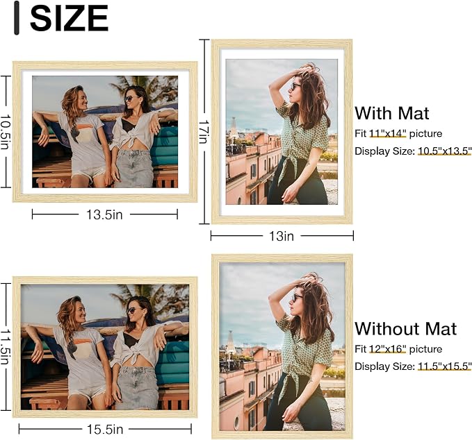 Vittanly 12x16 Picture Frames Set of 9 for Wall Mounting, OAK | Display Pictures 11x14 with Mat or 12x16 without Mat, Engineered Wood with Shatter Resistant Plexiglass, Gallery Photo Frames