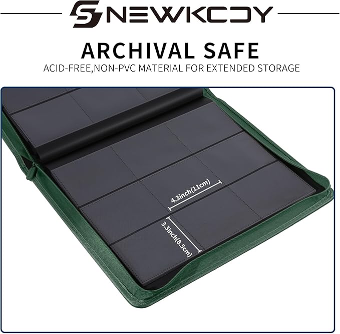 Snekdy Top loader Binder, 9 Pockets Top Loader，Holds 360 Top Loaders cards, Card binder with Sleeves for card in 3 x 4 inch color smooth Zipper PU Leather (Green)