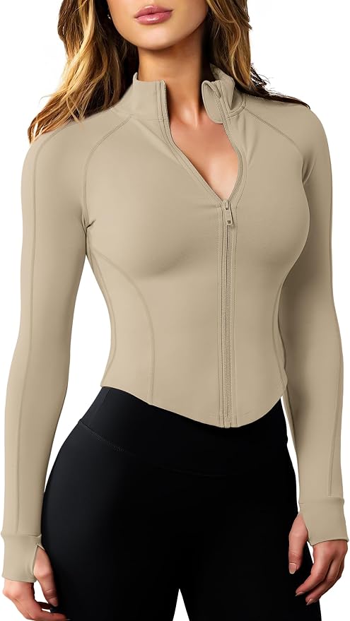 AVGO Women's Workout Jacket Lightweight Zip Up Cropped Yoga Jackets Slim Fit Athletic Tops with Thumb Holes