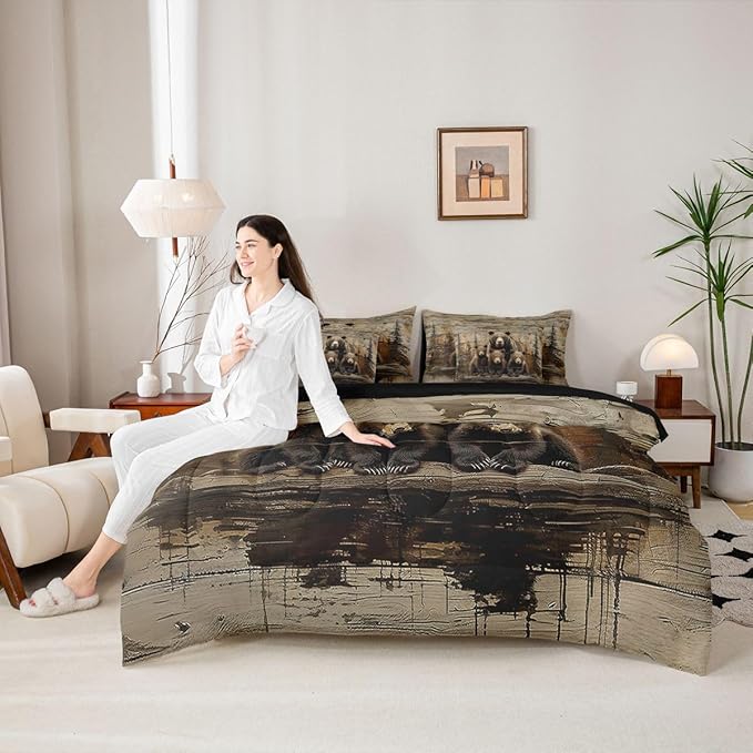Feelyou Vintage Grizzly Bear Comforter Set With Sheets 7 Piece King Size Wild Animal Hunting Bedding Set for Kids Boys Girls Western Cabin Bed in a Bag Farmhouse Room Decor Soft Lightweight Microfiber